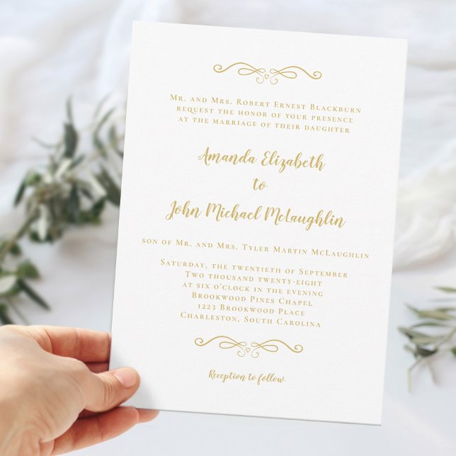 Convite Clássico Delicado Formal Elegante Chique Casamento (Classic Delicate Gold Formal Elegant Chic Wedding Invitation)