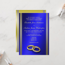 Convite Clássico Dourado e Azul, Casamento de Anéis de Cas