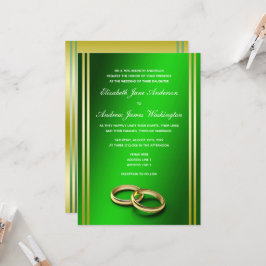 Convite Clássico Dourado e Verde, Casamento de Anéis de Ca