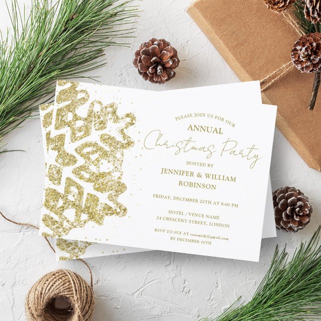 Convite Clássico Dourado Glitter Xmas Snowflake Foliday Pa (Classy Gold Glitter Xmas Snowflake Holiday Party Invitation)