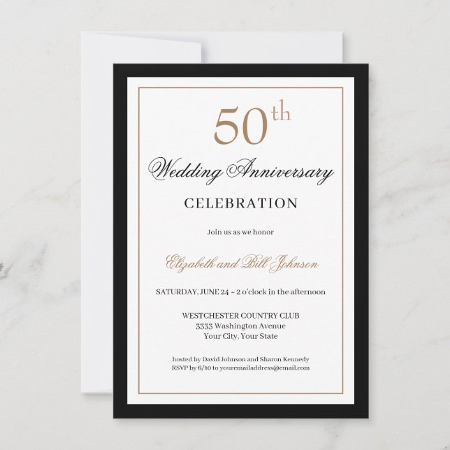Convite Clássico Dourado Preto 50º Aniversário de Casament (Frente)