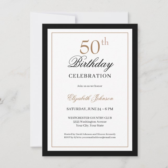 Convite Clássico Dourado Preto Aniversário de 50 anos (Frente)