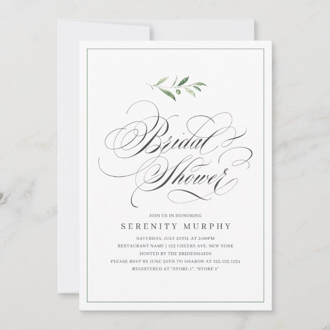 Convite Clássico Elegância Script Vegetação Chuveiro de No (Frente)