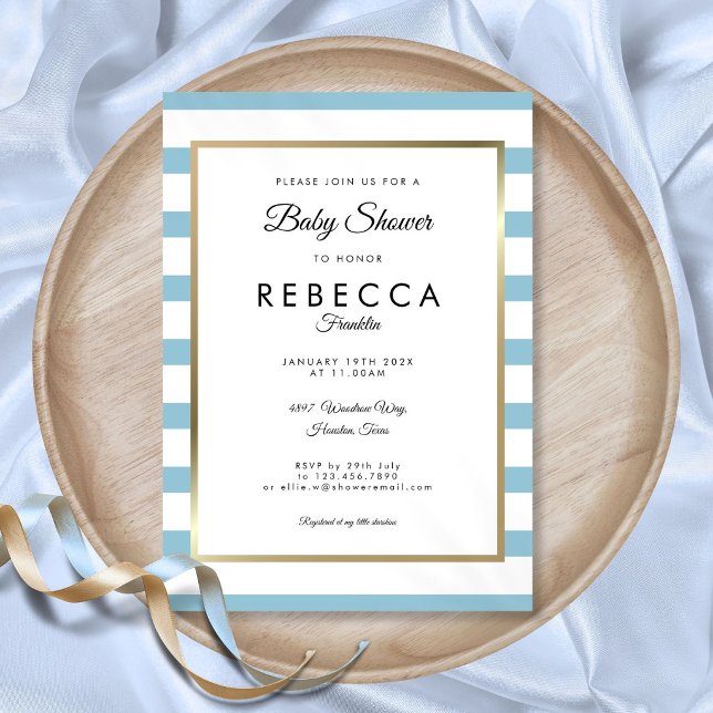 Convite Clássico Elegante Azul Bebê Listrado Chá de Bebê (Classic Elegant Baby Blue Stripe Baby Shower Invitation)