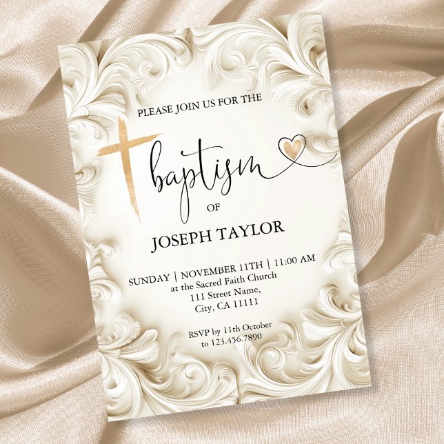 Convite Clássico Elegante Baptismo Dourado Cristo (elegant ivory frame baptism invitation)
