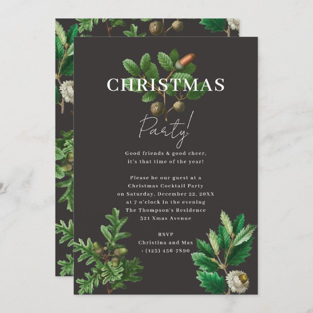 Convite Clássico Elegante Black Xmas Acorn Party de Natal (Frente/Verso)