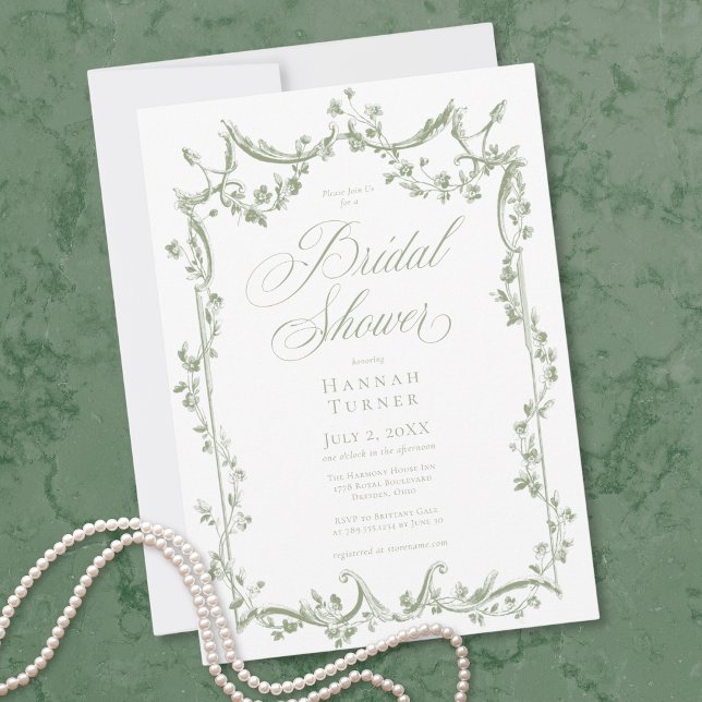 Convite Clássico Elegante Chuva Floral Delicada Verde Salv (Classic Elegant Sage Green Delicate Floral Shower Invitation)