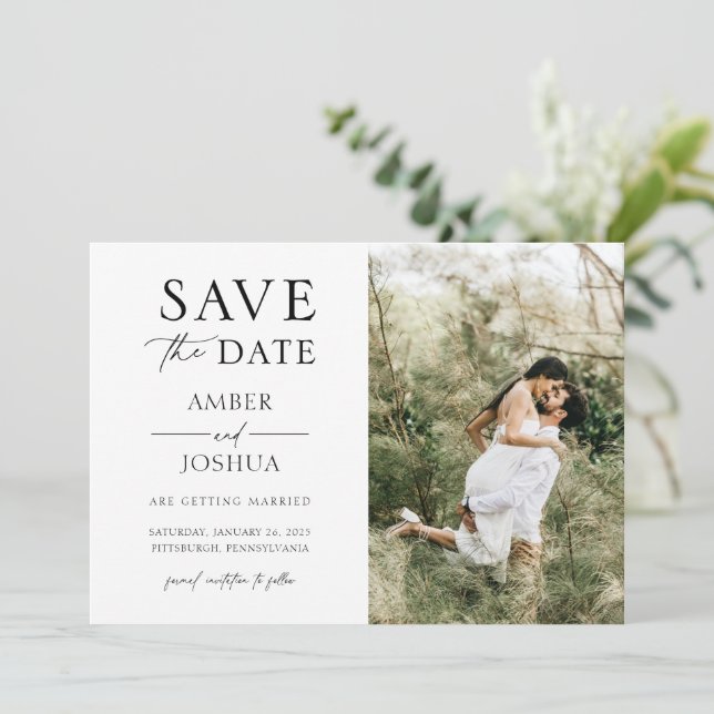 Convite Clássico Elegante de Foto de Casamento Salve a Dat (Em pé/Frente)