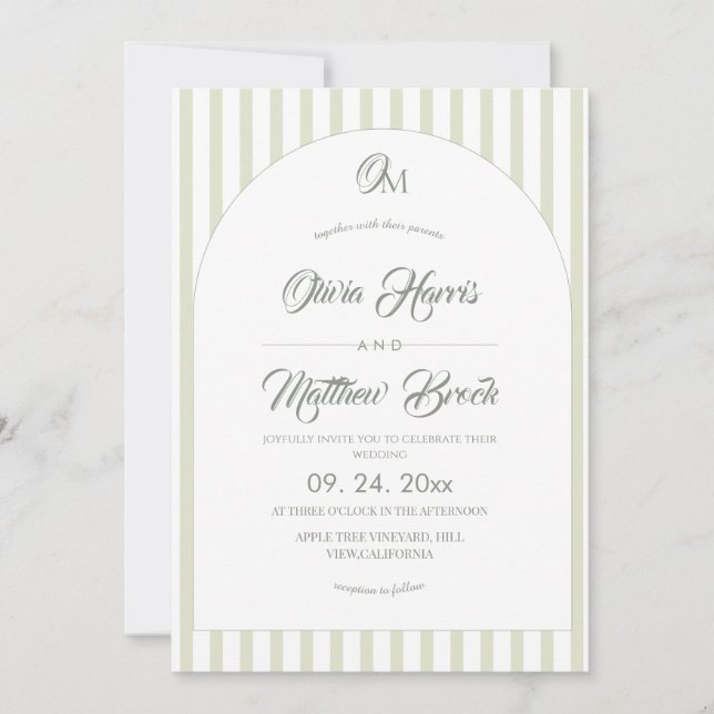 Convite Clássico Elegante⎮Listras de Sage para Casamento  (Frente)