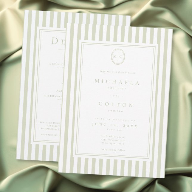 Convite Clássico Elegante Monograma de Listra de Sage em D (Elegant Classic Sage Stripe Monogram Two Sided Invitation)