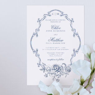 Convite Clássico Elegante Pó Azul Floral Quadro Casamento