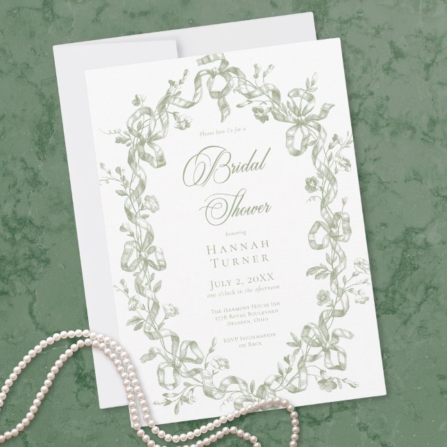 Convite Clássico Elegante Sabugueiro Oval Fita para Chá de (Classic Elegant Sage Oval Ribbon Bridal Shower Invitation)