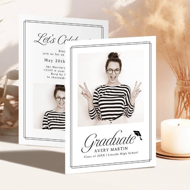 Convite Clássico Elegante Script Foto Graduação (Classic Framed Elegant Script Photo Graduation Invitation)