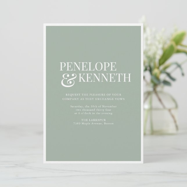 Convite Clássico Elegante Simples Casamento Sage Empoeirad (Em pé/Frente)