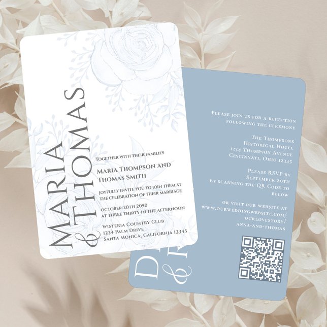 Convite Clássico Elegante Tipografia Negra Dusty Blue RSVP (Elegant blue floral wedding invitation with a modern typography and QR Code. )