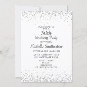 Convite Clássico Elegante White Silver Glitter 50º Anive