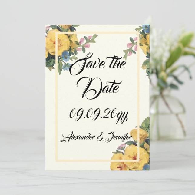 Convite Clássico floral amarelo elegante para salvar a dat (Em pé/Frente)