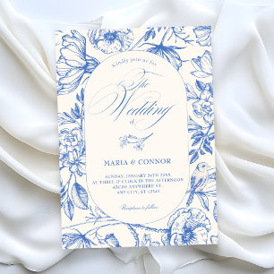 Convite Clássico floral artístico azul casamento