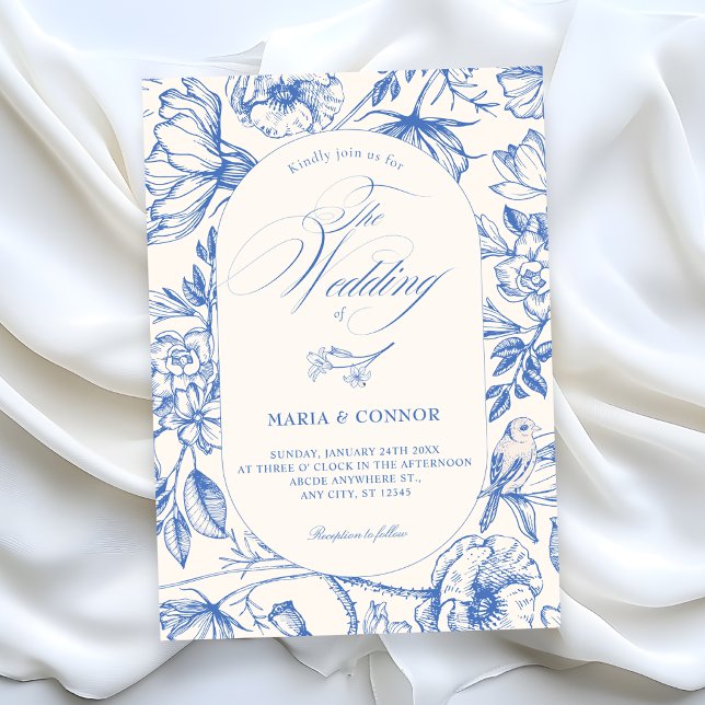 Convite Clássico floral artístico azul casamento (Criador carregado)