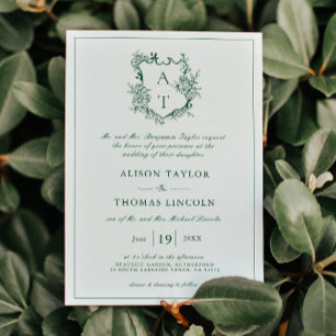 Convite Clássico Floral Crest Emerald Green Wedding