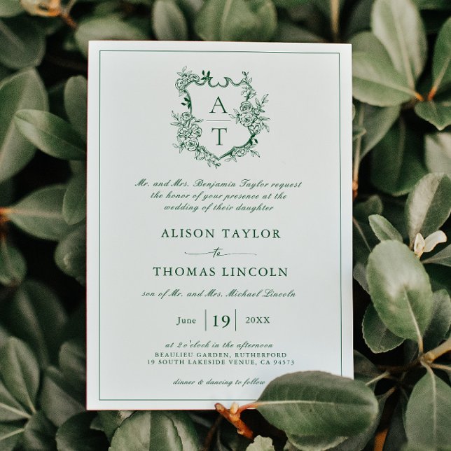 Convite Clássico Floral Crest Emerald Green Wedding (Criador carregado)