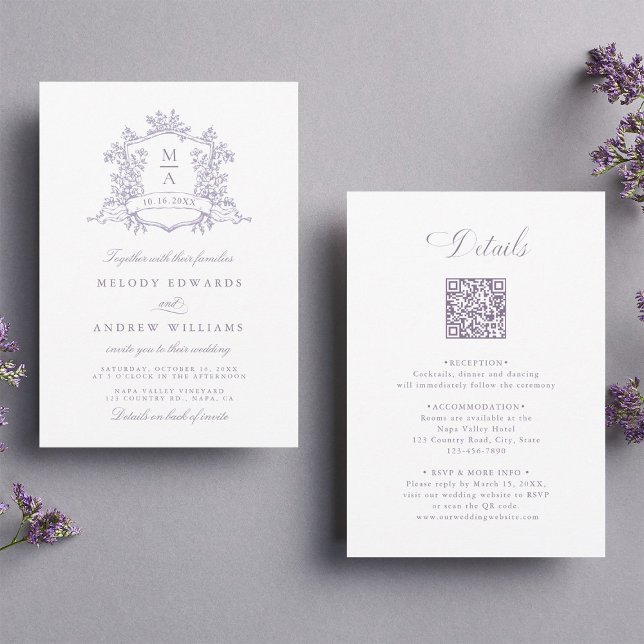 Convite Clássico Floral de Lavanda Crest Casamento Tudo em (Criador carregado)