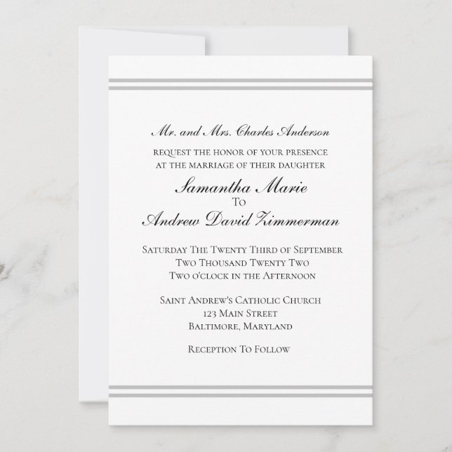 Convite Clássico Formal Elegante Casamento Prata Branco (Frente)