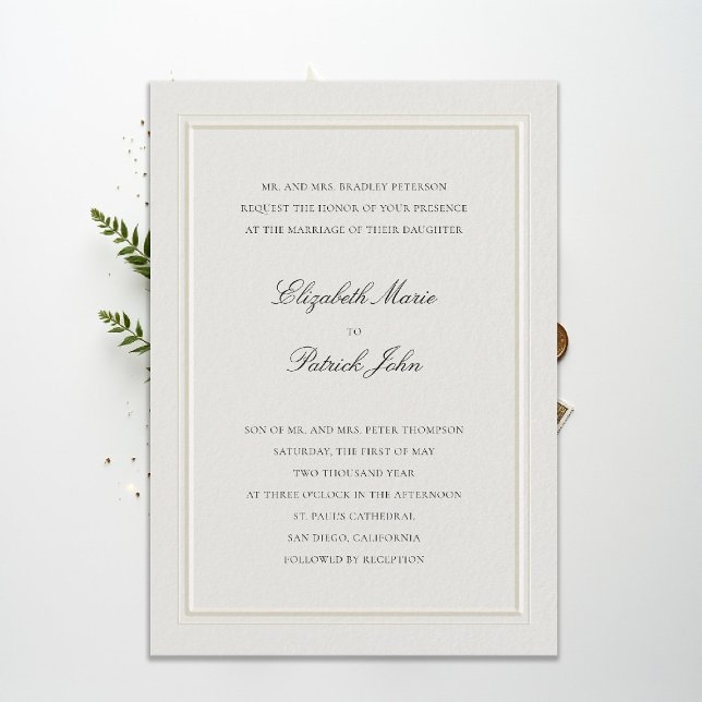 Convite Clássico Formal Moderno Elevado Quadro Ecru Casame (modern classic wedding invitation double frame elevated ecru formal traditional calligraphy stately)