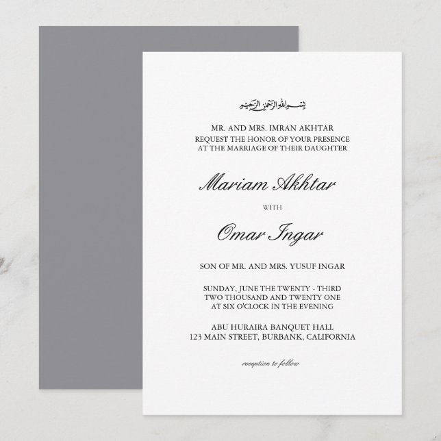 Convite Clássico Fumo Elegante Casamento Islâmico (Frente/Verso)