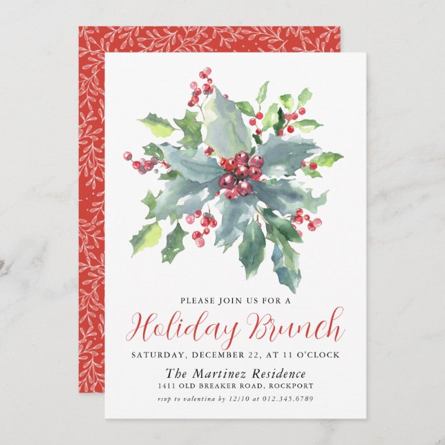 Convite Clássico Holly Berry Greenery Holiday Brunch (Frente/Verso)