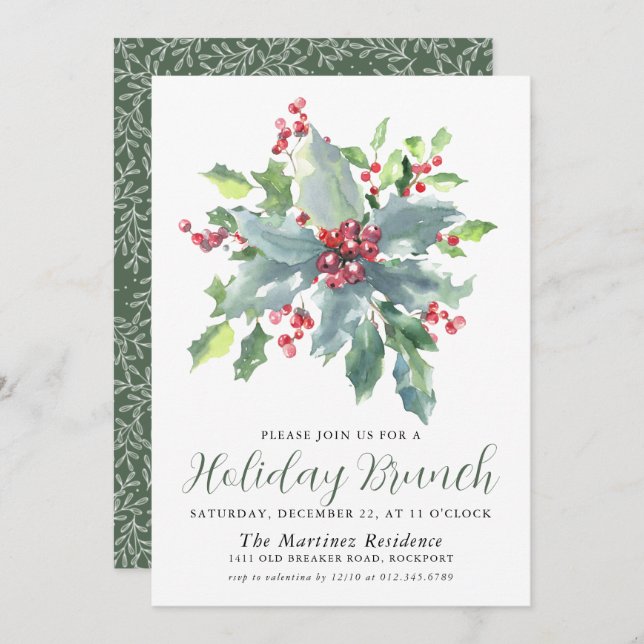 Convite Clássico Holly Berry Greenery Holiday Brunch (Frente/Verso)