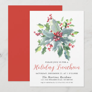 Convite Clássico Holly Berry Greenery Holiday Luncheon