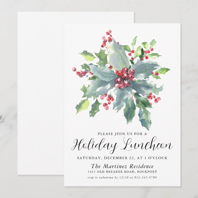 Convite Clássico Holly Berry Greenery Holiday Luncheon (Frente/Verso)