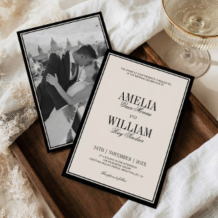 Convite Clássico Luxo Antigo Preto Creme Foto Casamento