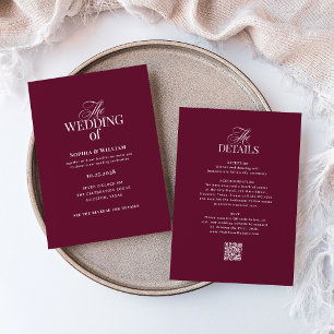 Convite Clássico Luxo Borgonha Casamento QR Code Tudo em