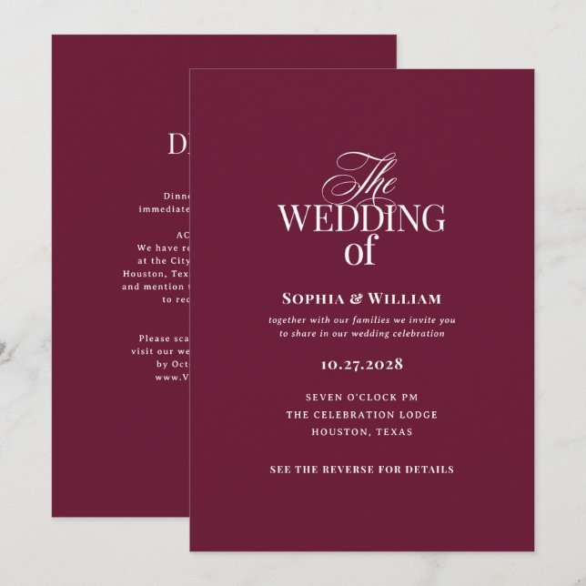 Convite Clássico Luxo Borgonha | Casamento QR Code Tudo em (Frente/Verso)