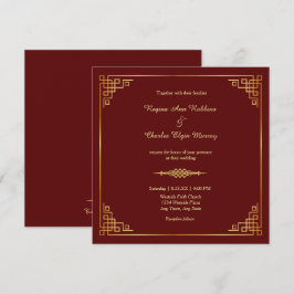 Convite Clássico Maroon Red Frame Casamento Dourado