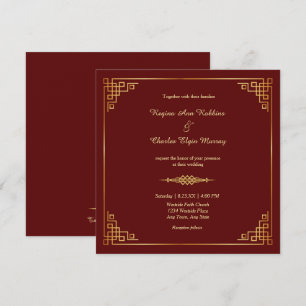 Convite Clássico Maroon Red Frame Casamento Dourado