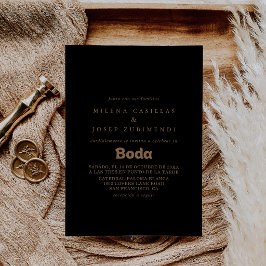 Convite Clássico Minimal Preto Ouro Casamento Espanhol