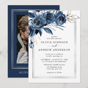 Convite Clássico Moderno Casamento Fotográfico Floral Azul