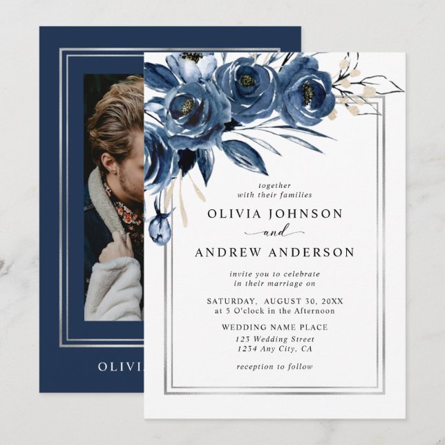 Convite Clássico Moderno Casamento Fotográfico Floral Azul (Frente/Verso)