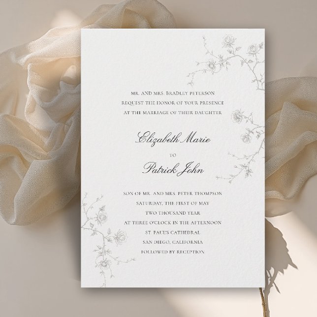 Convite Clássico Moderno Formal Jardim de Rosas Silvestres (formal wedding invitation modern classic wild roses garden sketch floral art calligraphy parent host)