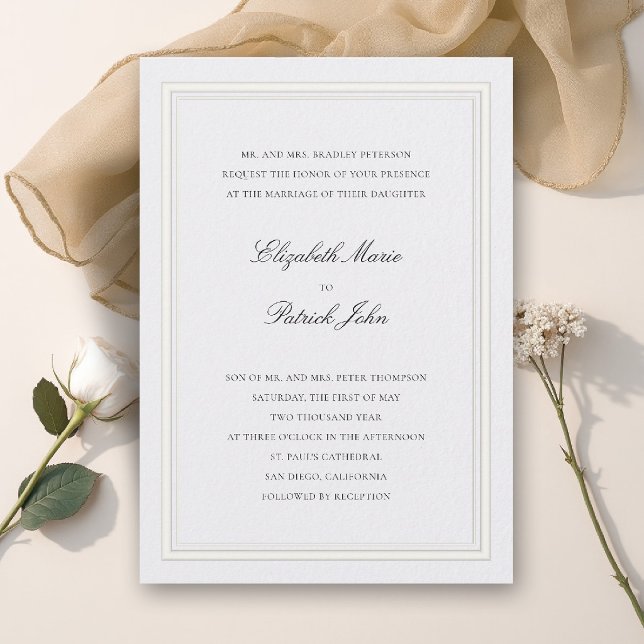 Convite Clássico Moderno Formal Pérola Grossa e Fina para  (formal wedding invitation modern classic double frame duo elegant pearl white calligraphy parents)