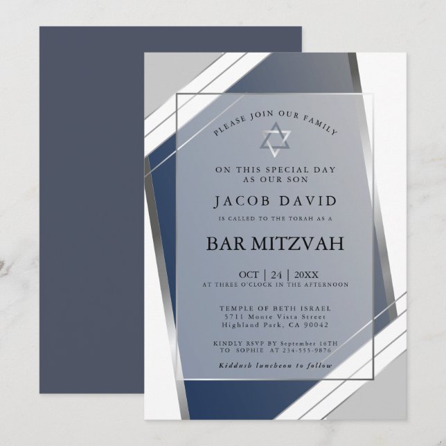 Convite Clássico Moderno Geométrico Azul Bar Mitzvah Prata (Frente/Verso)