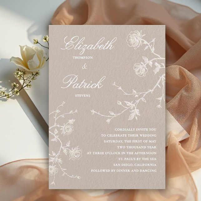 Convite Clássico Moderno Jardim de Rosas Silvestres Linho  (modern classic wedding invitation wild roses floral organic linen calligraphy tan beige white)