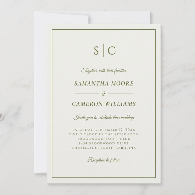 Convite Clássico Moderno Monograma de Casamento Creme e Ve (Frente)