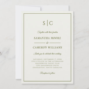 Convite Clássico Moderno Monograma de Casamento Creme e Ve
