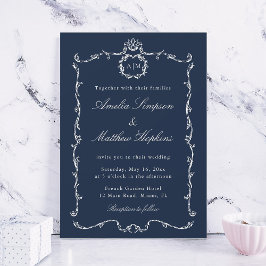 Convite Clássico Moderno Quadro Francês Casamento Azul-Nav
