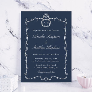 Convite Clássico Moderno Quadro Francês Casamento Azul-Nav