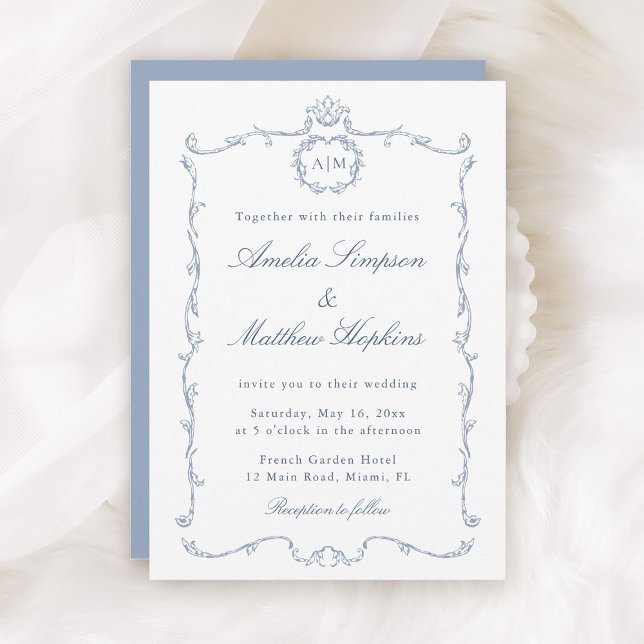 Convite Clássico Moderno Quadro Francês Casamento Azul Poe (Criador carregado)